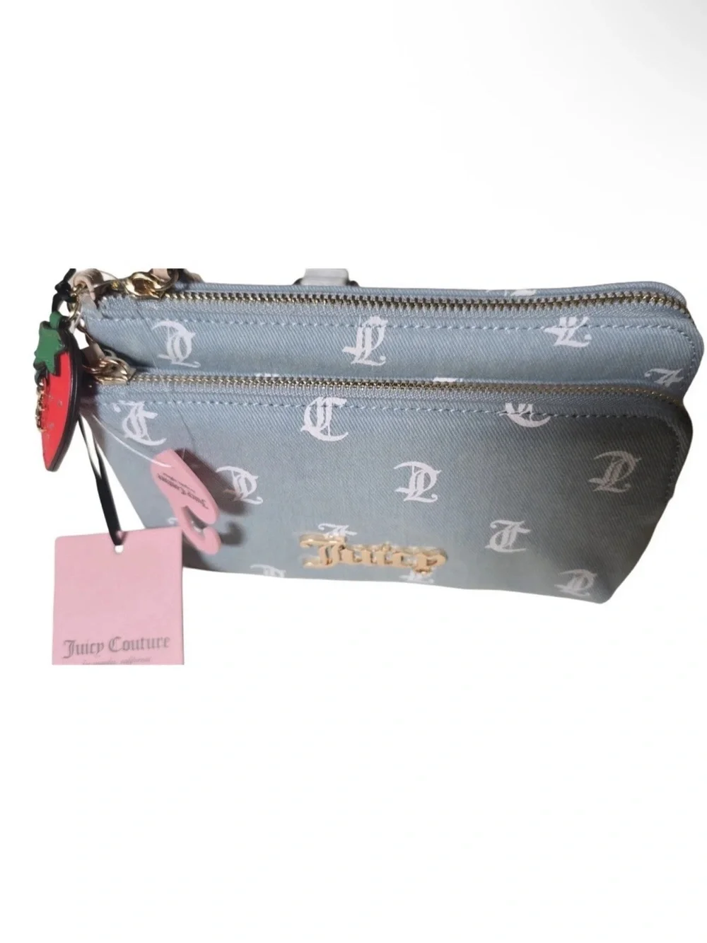 Juicy Couture Light Blue Denim Monogram Double Zip Wristlet with Charms NWT